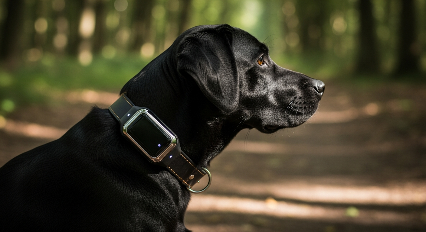 A black labrador wearing a GPS tracker on a leather collar, forest path behind