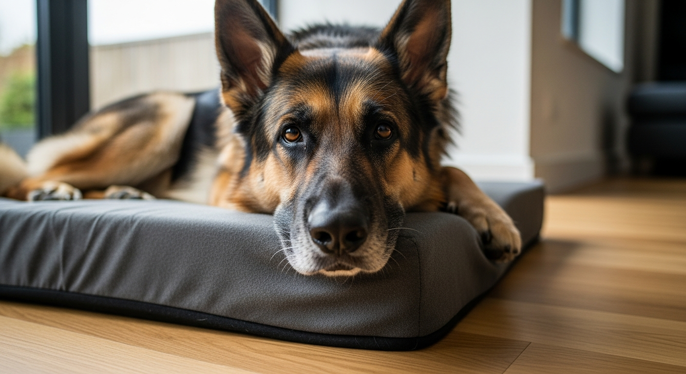 A senior German Shepherd resting on a charcoal orthopedic memory-foam dog bed in a sunlit living room