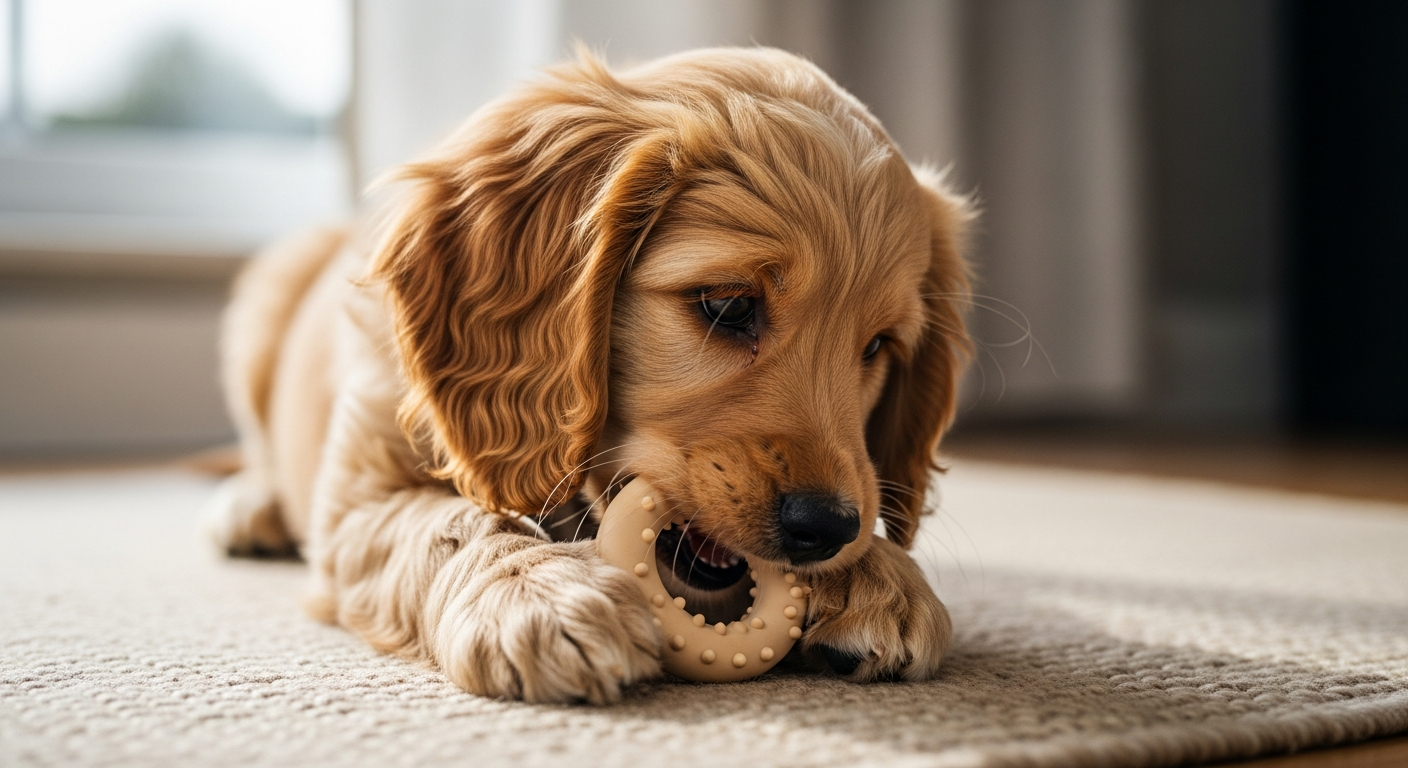 A young cockapoo puppy chewing a natural rubber teething toy on a wool rug