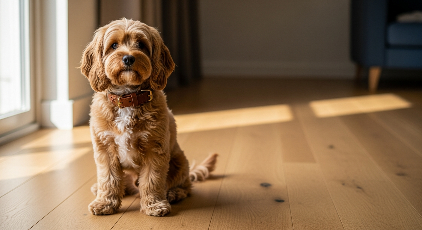A thoughtful cockapoo puppy in a sunlit Scandinavian living room